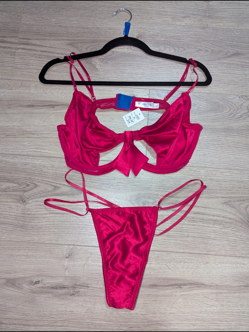 Satin Tie-Front Bra & Strappy Thong Set - Hot Pink
